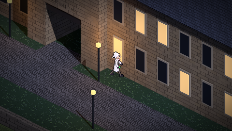 The scientist in his lab coat walking a lamplit college path at night